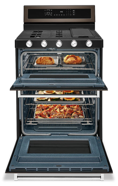 KitchenAid 6 Cu. Ft. Gas Range with Self-Clean and Double Oven - Black Stainless Steel PrintShield™ - KFGD500EBS